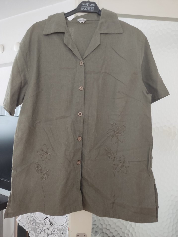 Düğmeli Keten Bej Kadın Gömlek - Görsel 2