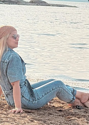 Gri Kadın Denim Kemerli Tulum - Görsel 2