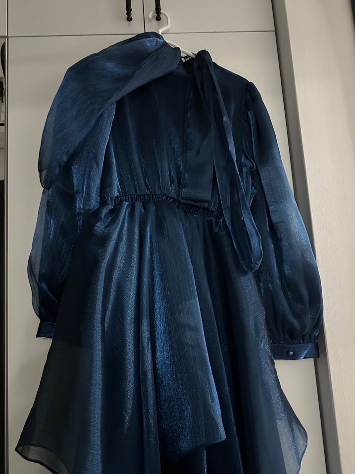 Lacivert Uzun Kollu Kadın Abiye Elbise - Görsel 2