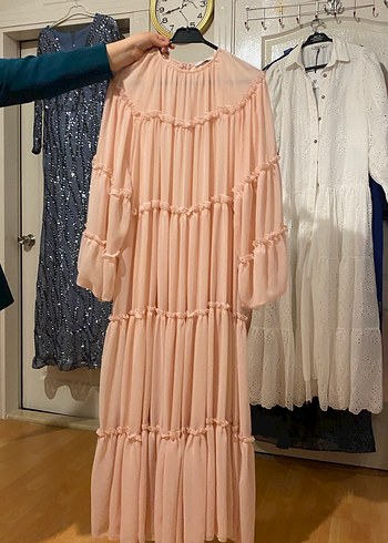 Pembe Bohem Uzun Kollu Fırfırlı Uzun Elbise - Görsel 2