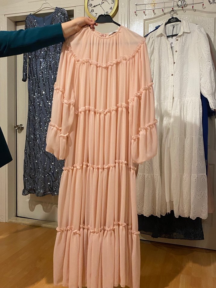 Pembe Bohem Uzun Kollu Fırfırlı Uzun Elbise - Görsel 2