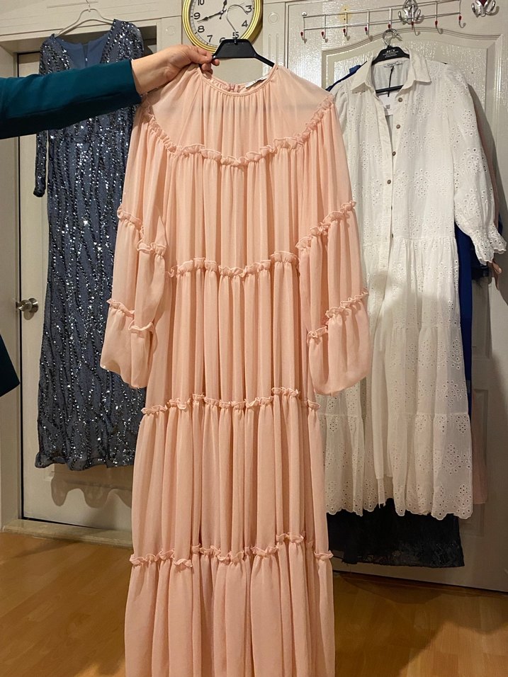 Pembe Bohem Uzun Kollu Fırfırlı Uzun Elbise - Görsel 3