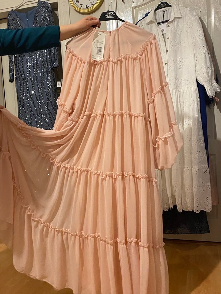 Pembe Bohem Uzun Kollu Fırfırlı Uzun Elbise - Görsel 4