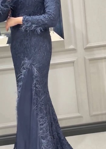 Lacivert Nakışlı Uzun Kollu Abiye Elbise - Görsel 5