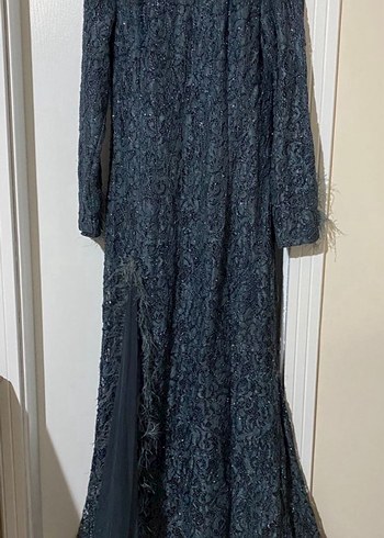 Lacivert Nakışlı Uzun Kollu Abiye Elbise - Görsel 4