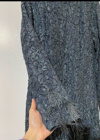 Lacivert Nakışlı Uzun Kollu Abiye Elbise - Görsel 2