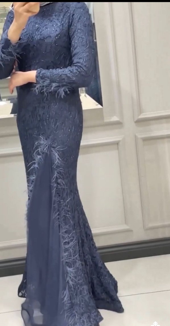 Lacivert Nakışlı Uzun Kollu Abiye Elbise - Görsel 5