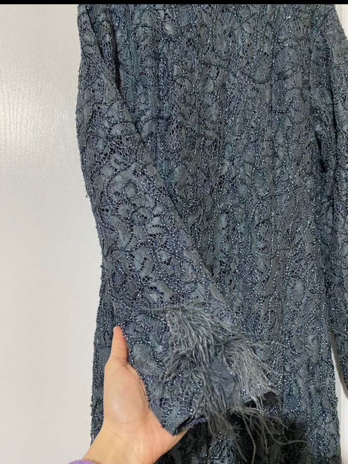 Lacivert Nakışlı Uzun Kollu Abiye Elbise - Görsel 2