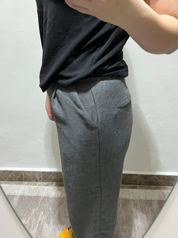 Düğmeli Gri Kadın Keten Pantolon - Görsel 2