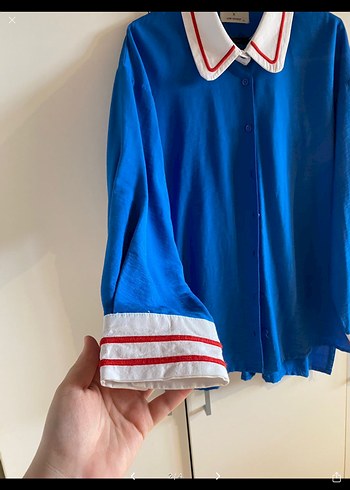 Mavi Düğmeli Uzun Kollu Kadın Gömlek - Görsel 2