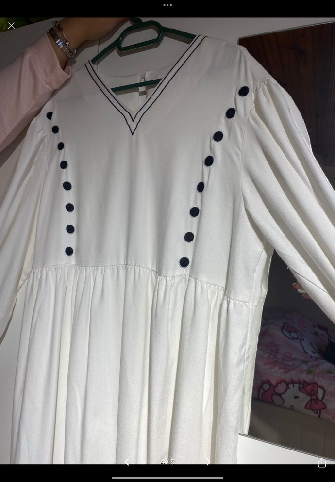 Düğmeli Beyaz Uzun Bohem Elbise - Görsel 4