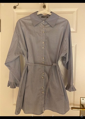 Düğmeli, Kemerli Mavi Kadın Keten Gömlek - Görsel 2