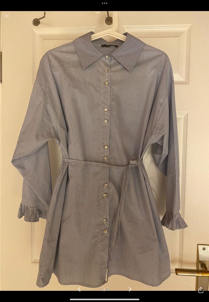 Düğmeli, Kemerli Mavi Kadın Keten Gömlek - Görsel 2