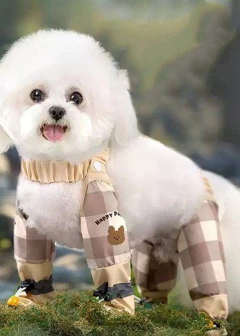 Beyaz Peluş Detaylı Bağcıklı Köpek Tulumu