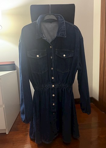 Düğmeli Lacivert Kadın Denim Elbise
