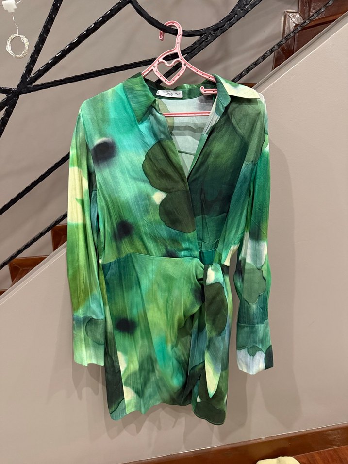 Yeşil Uzun Kollu Bağlamalı Kadın Mini elbise - Görsel 2