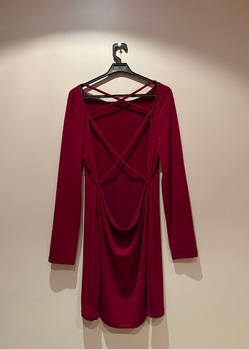Bordo Sırt Dekolteli Mini Elbise - Görsel 3