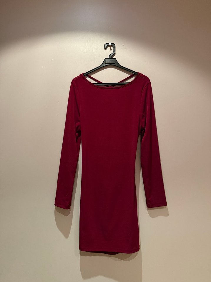 Bordo Sırt Dekolteli Mini Elbise - Görsel 2