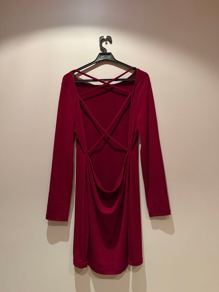 Bordo Sırt Dekolteli Mini Elbise - Görsel 3