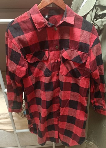 Kırmızı Ekose Düğmeli Uzun Kollu Gömlek - Görsel 4
