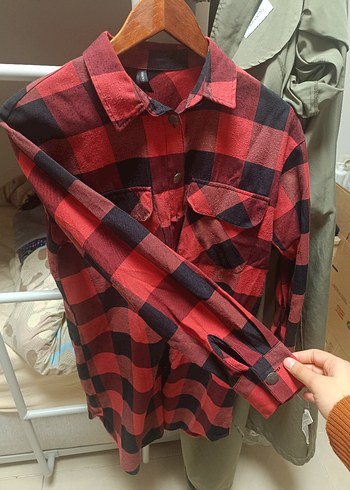 Kırmızı Ekose Düğmeli Uzun Kollu Gömlek - Görsel 3