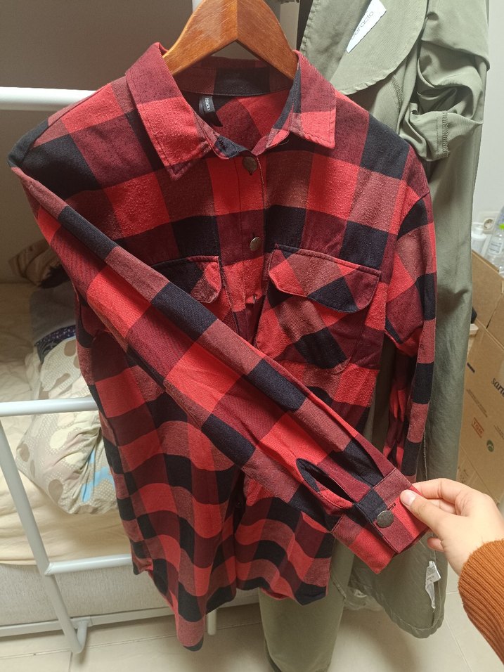 Kırmızı Ekose Düğmeli Uzun Kollu Gömlek - Görsel 3