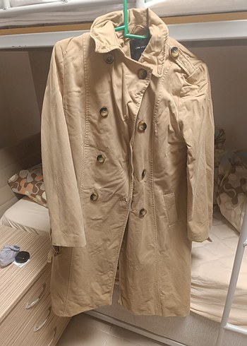 Bej Düğmeli Kadın Keten Trençkot - Görsel 5