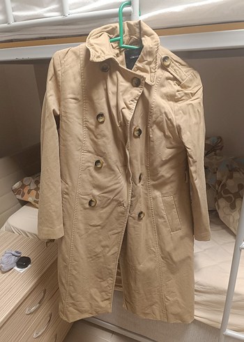 Bej Düğmeli Kadın Keten Trençkot - Görsel 7