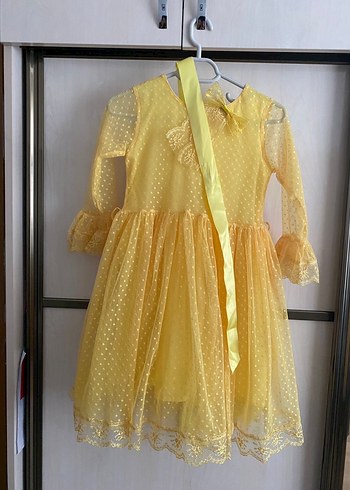 Sarı Puantiyeli Dantel Detaylı Kız Çocuk Elbise - Görsel 3