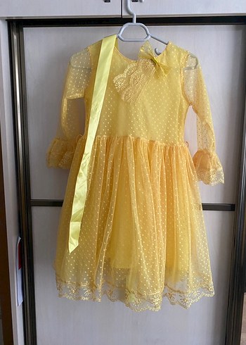 Sarı Puantiyeli Dantel Detaylı Kız Çocuk Elbise - Görsel 2
