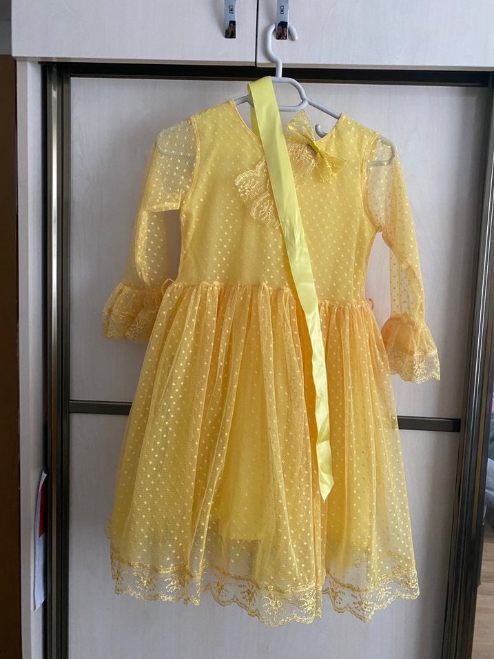 Sarı Puantiyeli Dantel Detaylı Kız Çocuk Elbise - Görsel 3