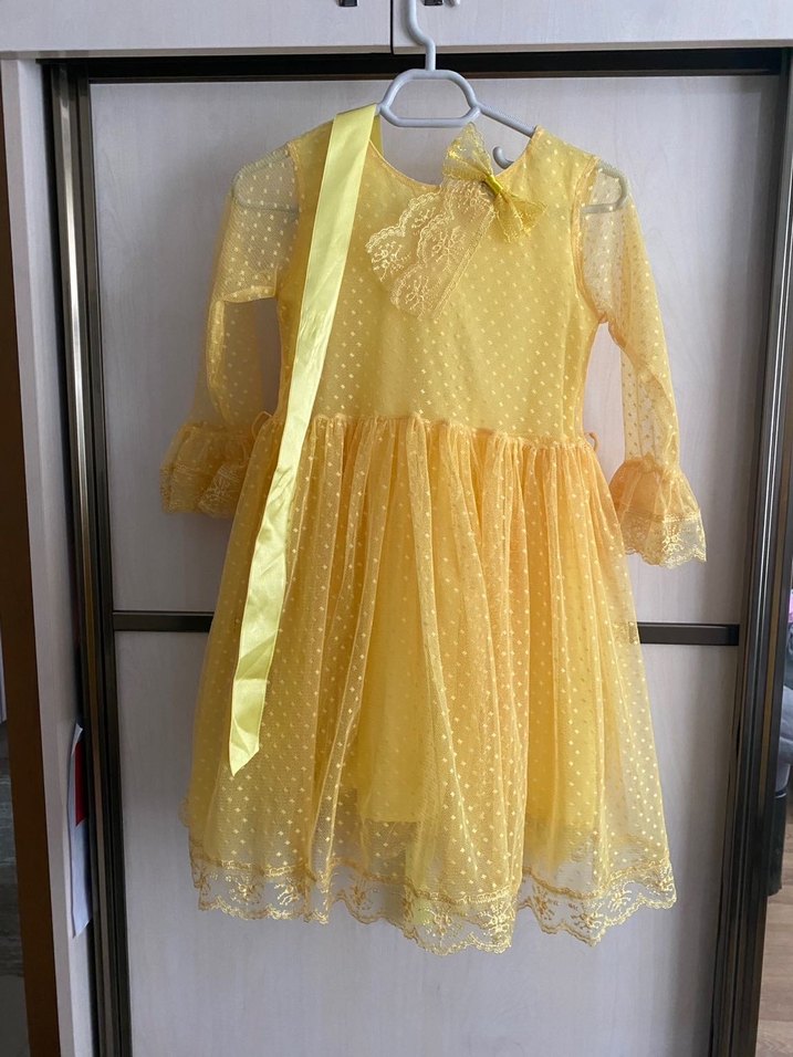 Sarı Puantiyeli Dantel Detaylı Kız Çocuk Elbise - Görsel 2