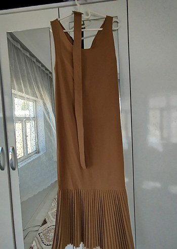 s Beden Bej Pilili Uzun Askısız Kadın Elbise Gömleksiz!