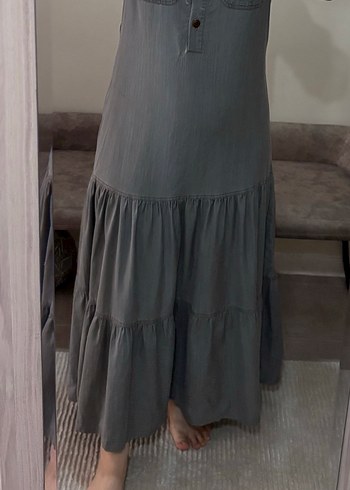 Gri Uzun Keten elbise Volan Detaylı - Görsel 2