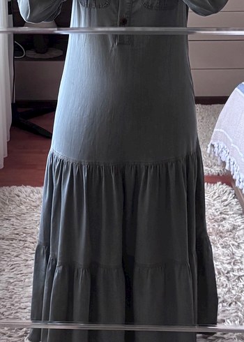 Gri Uzun Keten elbise Volan Detaylı - Görsel 3