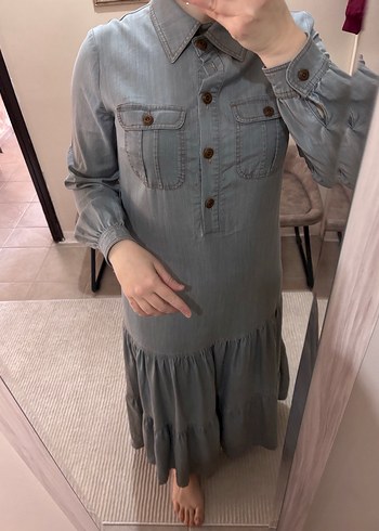 Gri Uzun Keten elbise Volan Detaylı - Görsel 4