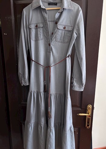 Gri Uzun Keten elbise Volan Detaylı - Görsel 5