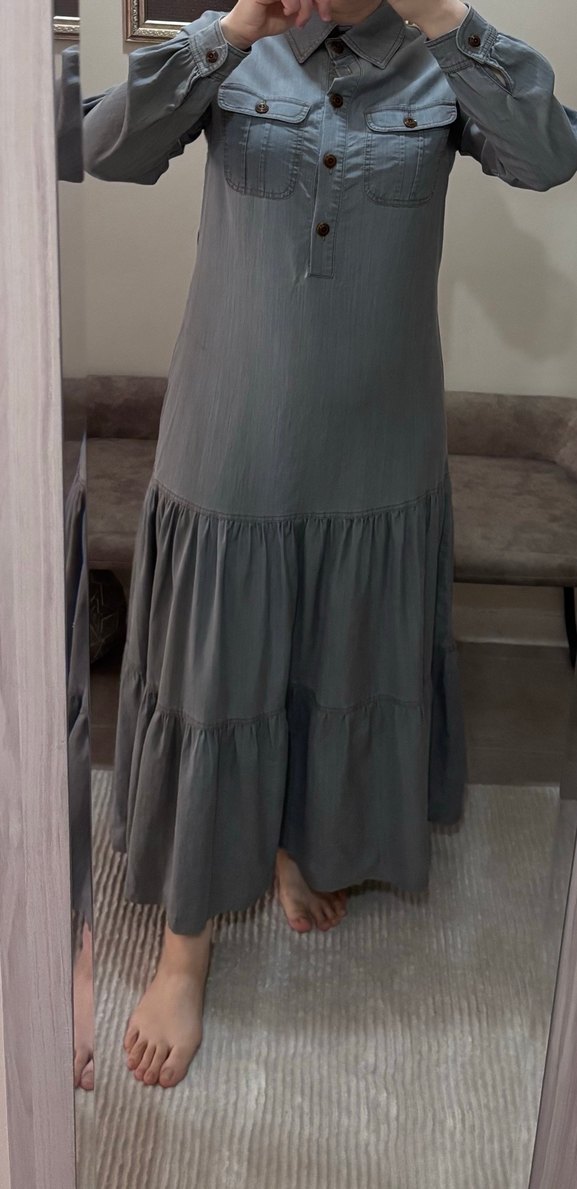 Gri Uzun Keten elbise Volan Detaylı - Görsel 2