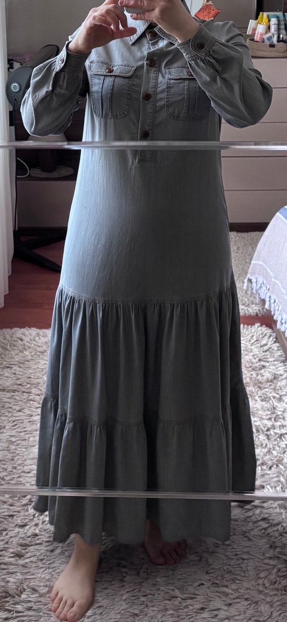 Gri Uzun Keten elbise Volan Detaylı - Görsel 3