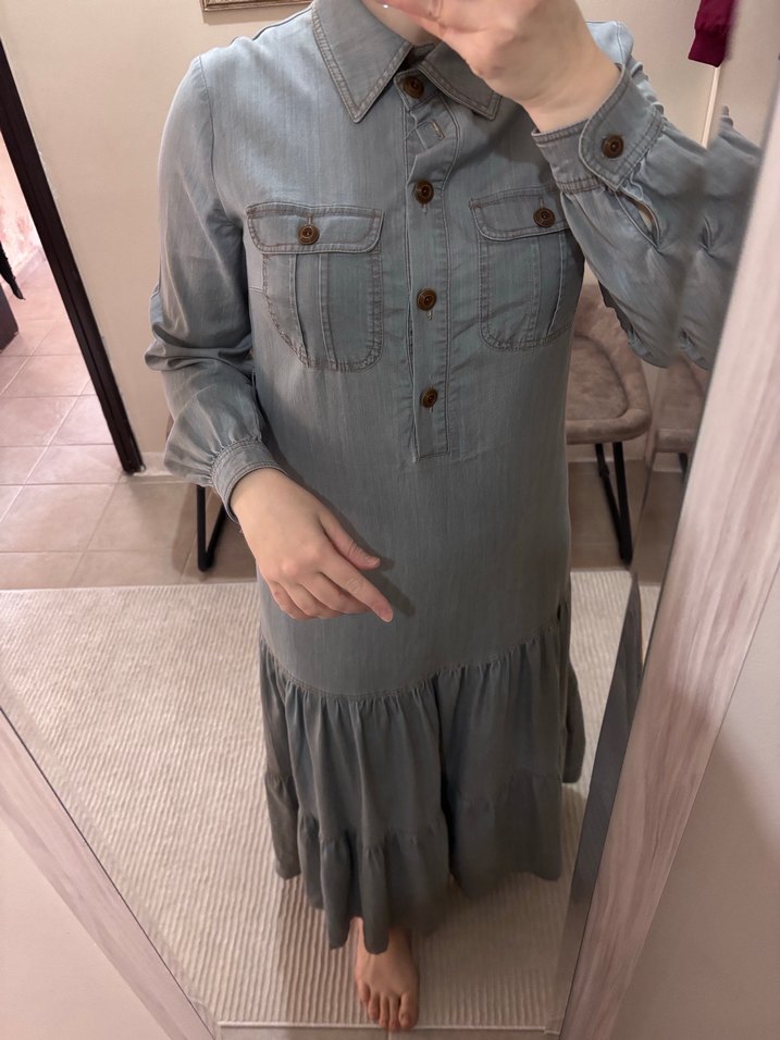 Gri Uzun Keten elbise Volan Detaylı - Görsel 4