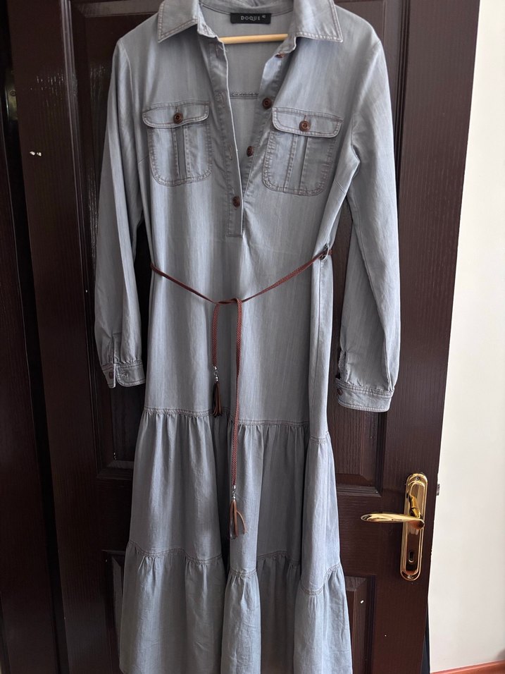 Gri Uzun Keten elbise Volan Detaylı - Görsel 5