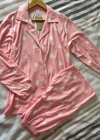 Pembe Uzun Kollu Kalpli süet Kadın Pijama Takımı - Görsel 2