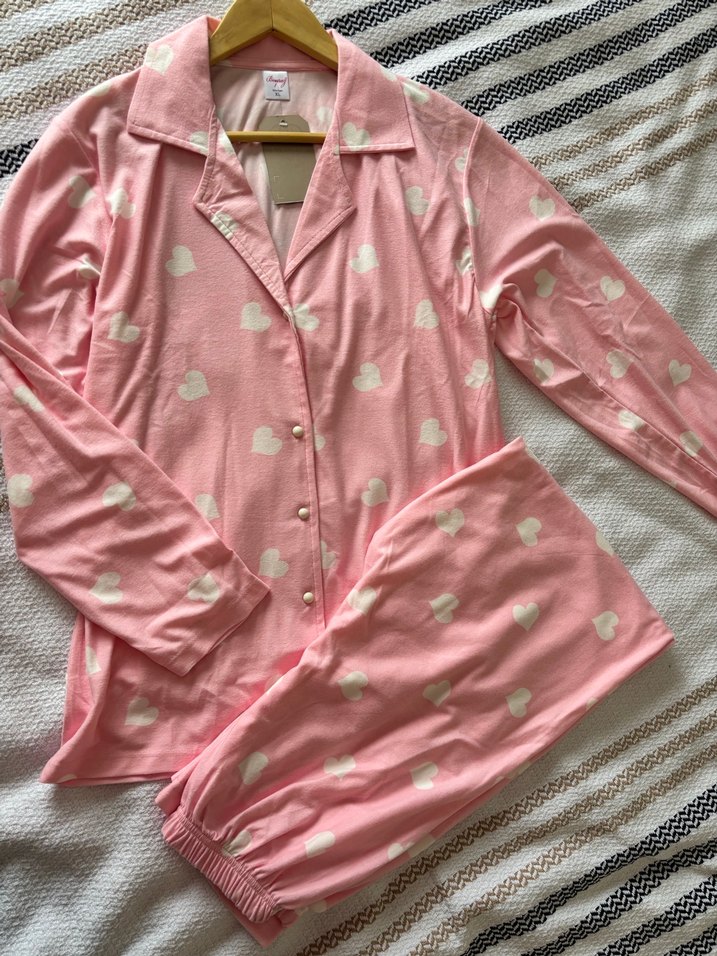 Pembe Uzun Kollu Kalpli süet Kadın Pijama Takımı - Görsel 2