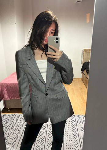 Gri Düğmeli Kadın Blazer Ceket