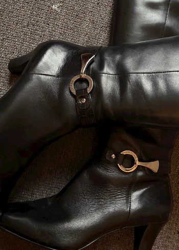 Kadın Siyah Deri Tokalı Dizüstü Topuklu Çizme - Görsel 6