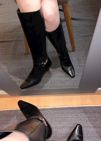 Kadın Siyah Deri Tokalı Dizüstü Topuklu Çizme - Görsel 4
