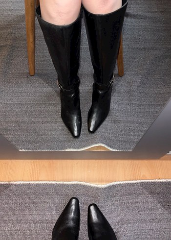 Kadın Siyah Deri Tokalı Dizüstü Topuklu Çizme - Görsel 3