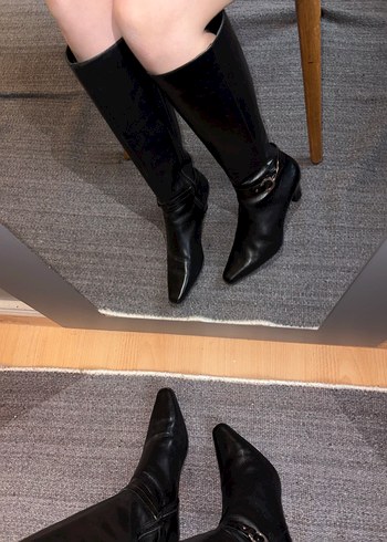 Kadın Siyah Deri Tokalı Dizüstü Topuklu Çizme - Görsel 5