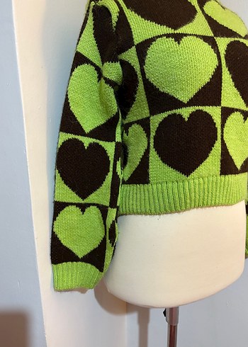 Renkli Kalp Desenli Örgü Kadın Kazak - Görsel 3