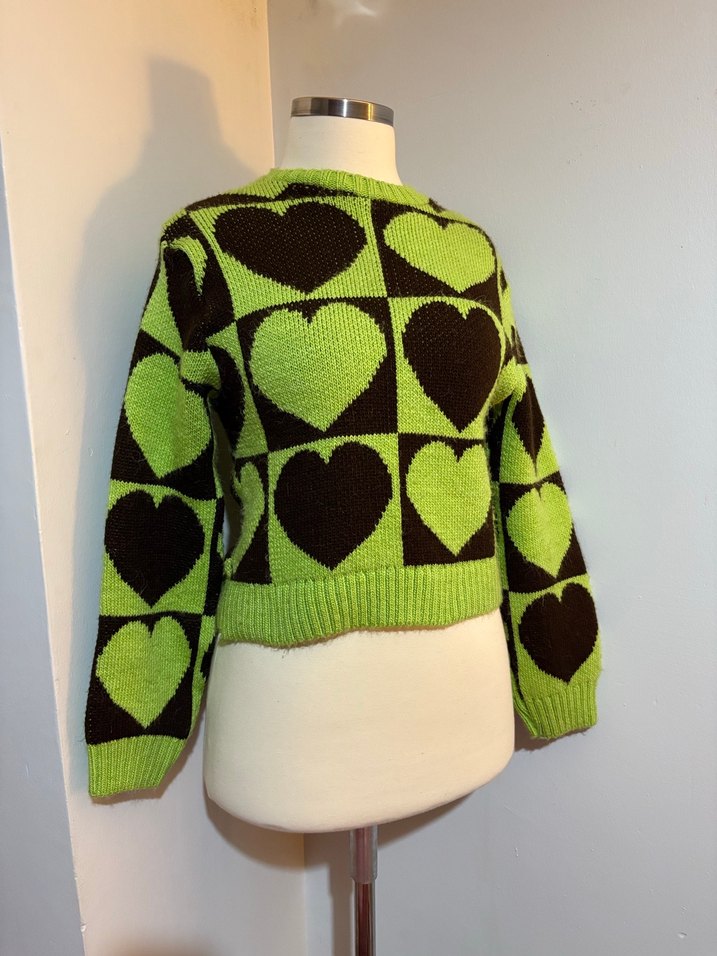 Renkli Kalp Desenli Örgü Kadın Kazak - Görsel 2